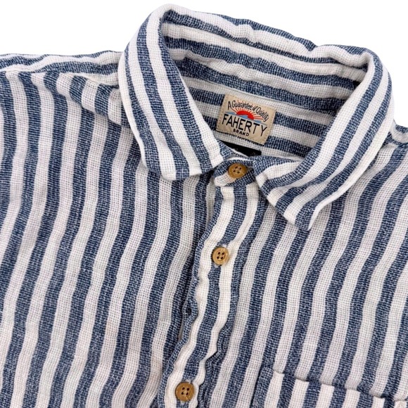 Faherty Tops - Faherty Palma Linen Shirt Women S Blue White Striped Short Sleeve Button Down